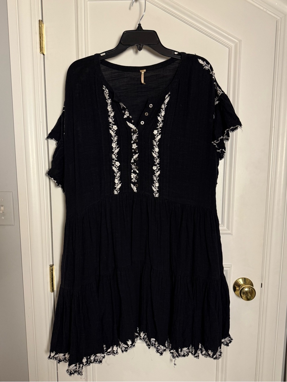 Free People Black White Embroidered Tiered Boho Mini Dress M